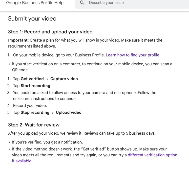 steps for Google business video verification